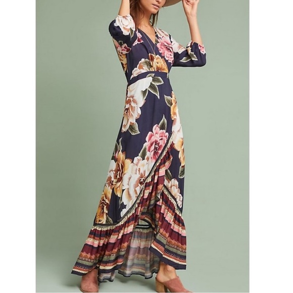 Anthropologie Farm Rio Layla Floral Ruffle Maxi Wrap Dress Size XXS Petite - Picture 1 of 14